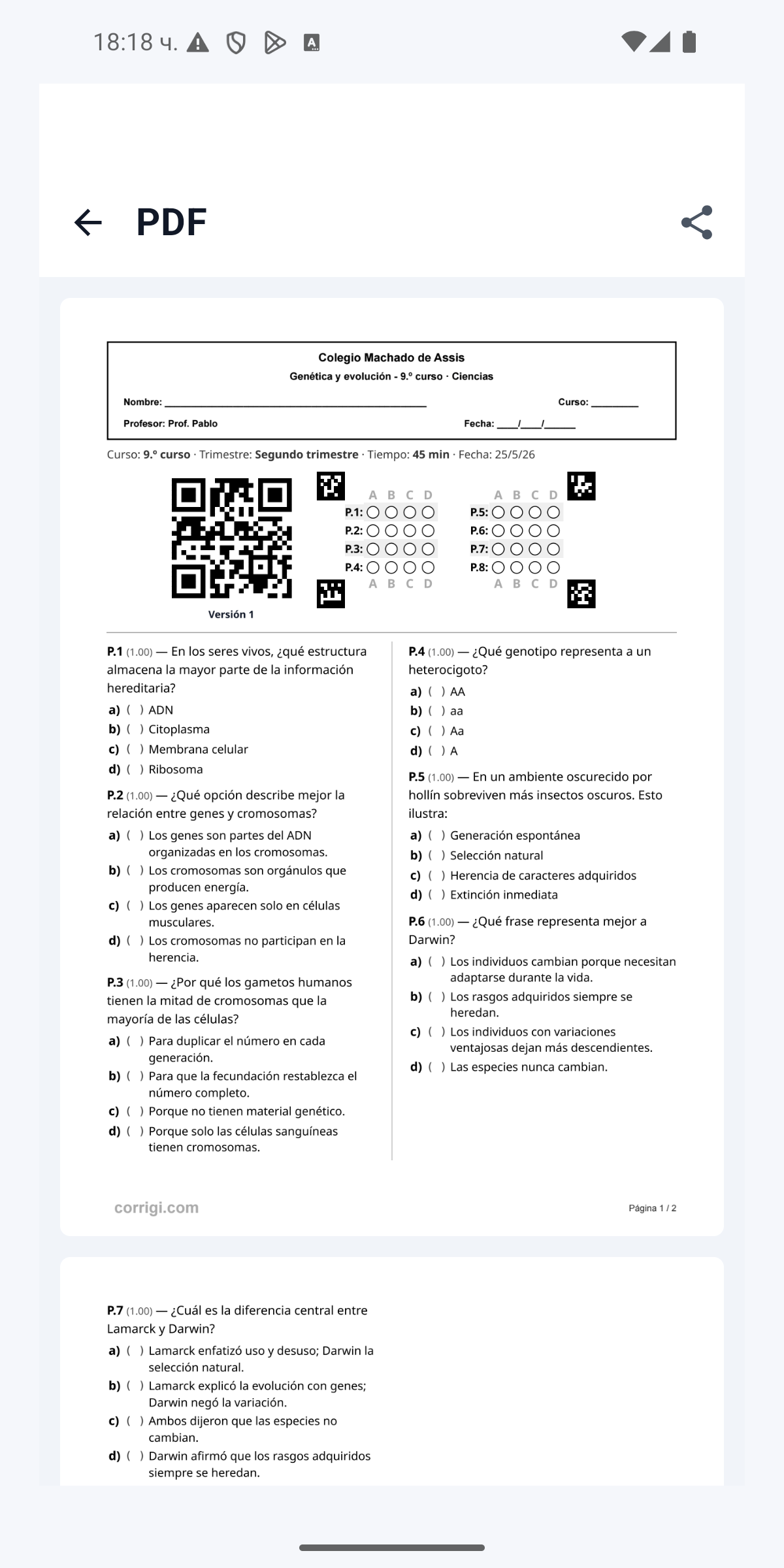 Pantalla real de hoja de respuestas PDF generada en Corrigi