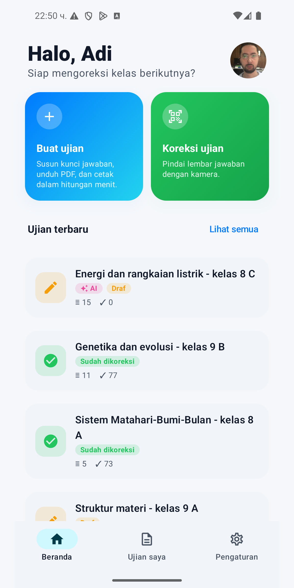 Tampilan nyata dasbor ujian dan hasil Corrigi