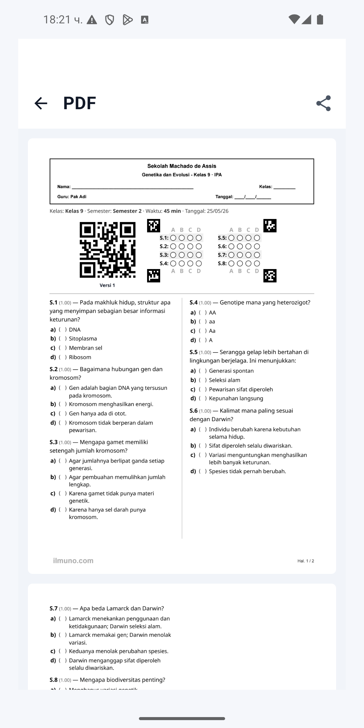 Tampilan nyata lembar jawaban PDF yang dibuat di Corrigi