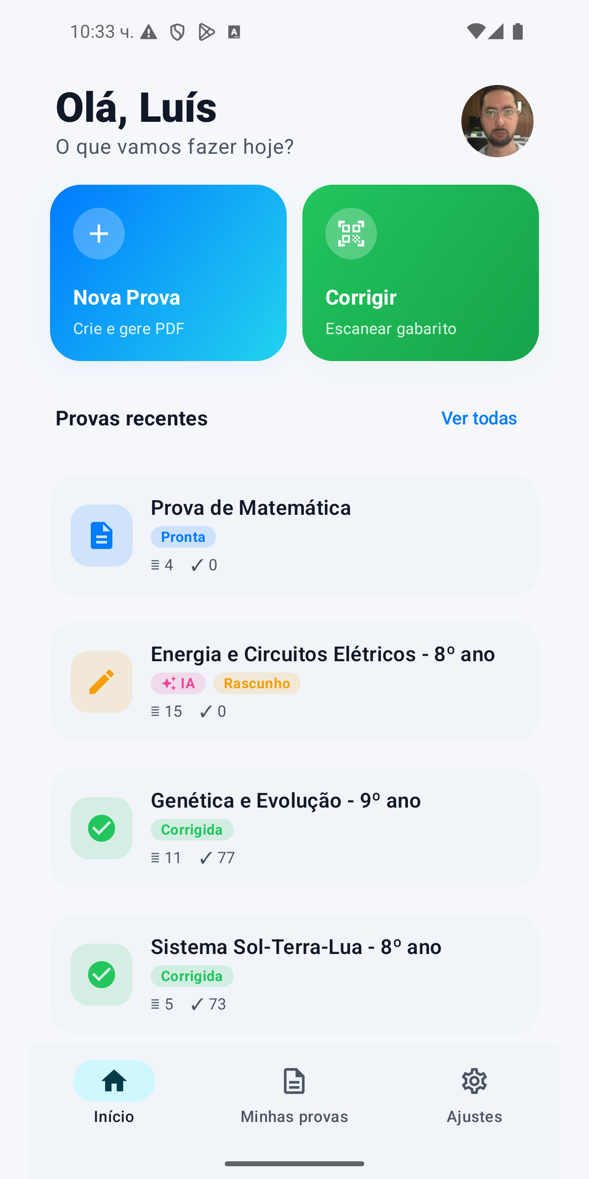 Tela real do painel de provas e resultados do Corrigi